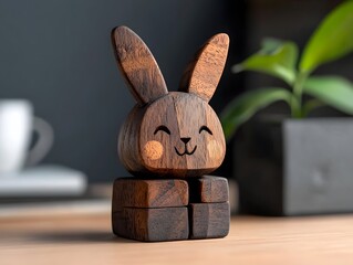 Rustic wooden rabbit figurine on table