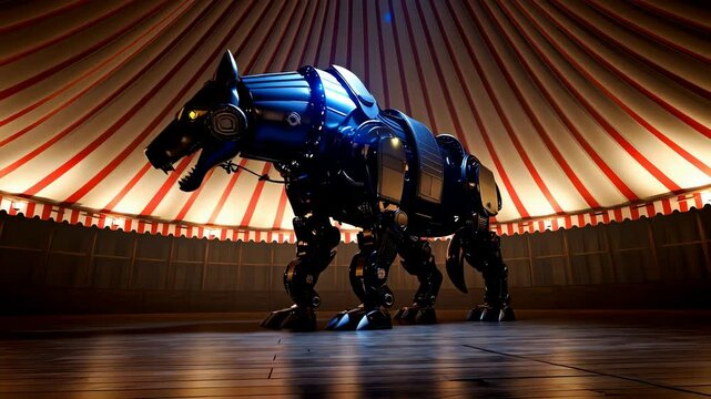 Image of a mechanical wolf in a circus tent with striped walls. The image captures a surreal blend of technology and entertainment