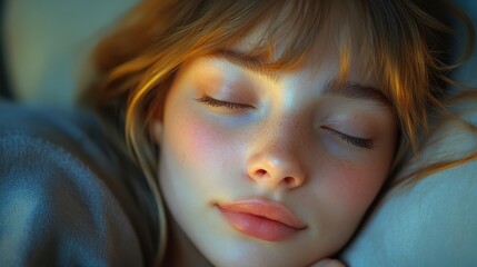 Sleeping girl. Soft light illuminates her face with closed eyes