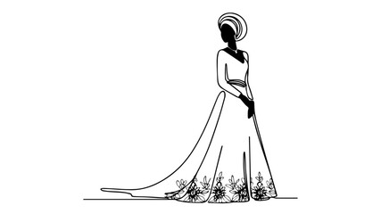 minimalist continuous one line drawing illustration of an african woman in a wedding dress