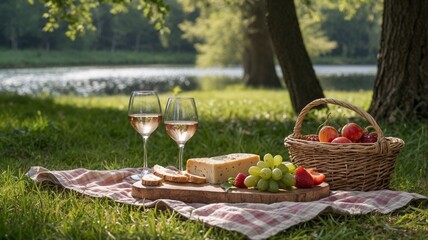 Romantic picnic with wine, cheese, and fruits by the lake  