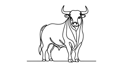 minimalist continuous one line drawing illustration of a realistic standing full bull 