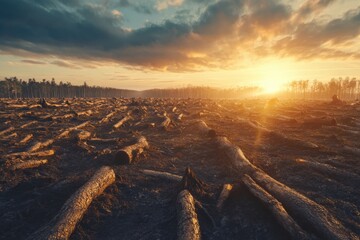 Deforested landscape under dramatic sunset sky with tree stumps and cloudy horizon