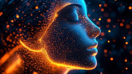 Glowing female profile. Abstract, dreamy, particle effect
