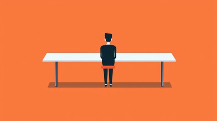 A professional figure stands at a minimalist table against a vibrant orange backdrop, symbolizing focus and purpose.