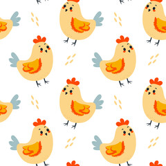 Seamless flat vector pattern with chicks, hens, and roosters for Easter, cute and festive design.