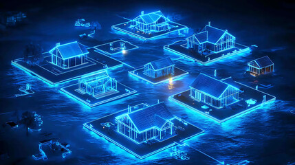 Fototapeta premium Glowing blue wireframe houses float on small islands in a digital ocean creating a futuristic architectural display..
