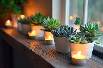 Fototapeta premium Rustic wood countertop with succulents, candles, and potted plants