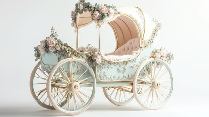 Elegant pastel doll carriage with floral details, featuring intricate designs and vintage style. This charming piece evokes sense of nostalgia and whimsy, perfect for decorative purposes