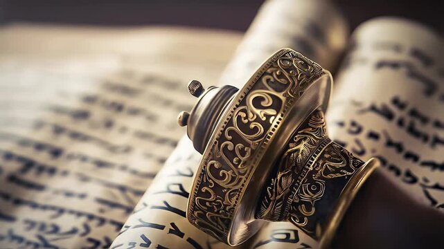 Torah scroll revealing sacred text, rimmonim gleaming, capturing intricate Jewish cultural symbolism