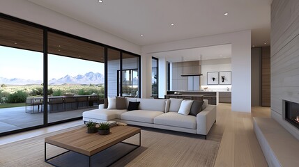 Modern Living Room Interior Design with Mountain View and Minimalist Furniture for Home Inspiration.