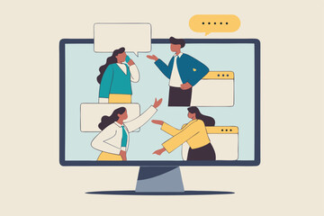 Online discussion board, group chat or video focused group meeting, online conference talking, team chat or technology for team conversation concept, business people chatting dialogue in computer.