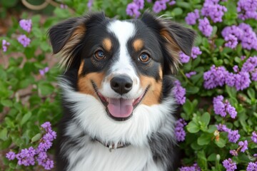 Fototapeta premium Happy australian shepherd surrounded by vibrant purple flowers