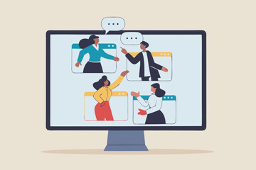 Online discussion board, group chat or video focused group meeting, online conference talking, team chat or technology for team conversation concept, business people chatting dialogue in computer.