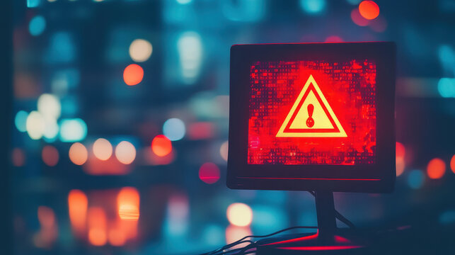 Warning sign displayed on computer monitor, indicating high risk website. vibrant red alert contrasts with blurred city background, evoking sense of urgency and caution