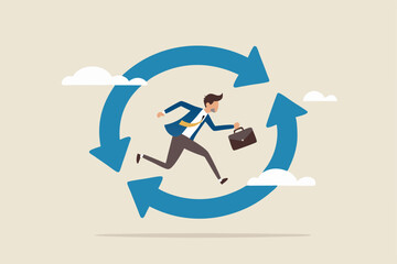 Working habit, life cycle or daily routine behavior, agile development, discipline or working efficiency, procedure or process to success concept, businessman running on habit circle arrow diagram.