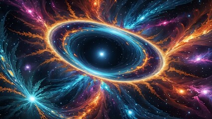 Abstract cosmic artwork depicting a vibrant nebula with swirling colors and a central ring, perfect for science fiction, fantasy, or space-themed projects.