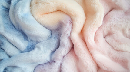 Luxurious pastel fur throw blankets in soft blue, pink, and cream colors create elegant and cozy atmosphere, perfect for adding warmth to any space