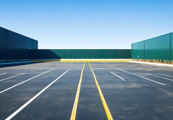 Empty Asphalt Parking Lot Under a Clear Blue Sky