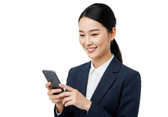 Asian businesswoman in a suit smiles while looking at her smartphone in her hands against black background on transparent background