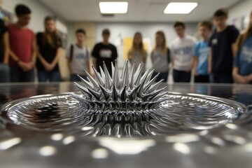 Students observing magnetic fluid dynamics during an educational experiment in a classroom