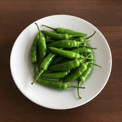 green chillies on white plate isolated on wooden desk