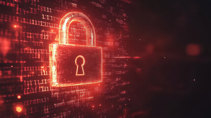 digital padlock symbol is illuminated against backdrop of binary code, representing cybersecurity and data protection. glowing red hue adds sense of urgency and importance to theme of security