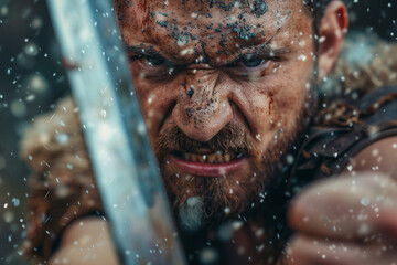 Generative AI image of a fierce ancient gladiator in battle-worn armor and helmet, inspired by Greek warriors