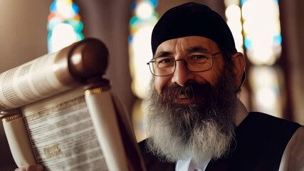 Elderly bearded rabbi carefully reading ancient Torah scroll, warmly smiling while studying sacred text inside traditional synagogue interior