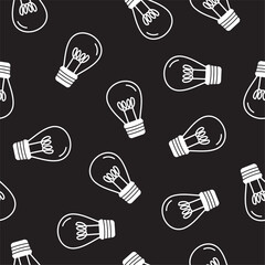 Doodle light bulb seamless pattern. White hand drawn lamp icon on black background. idea texture, wallpaper template.