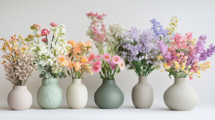 Fototapeta premium Soft pastel artificial flower arrangements stylish vases create serene and inviting atmosphere. These beautiful floral displays enhance any space with their vibrant colors and delicate textures