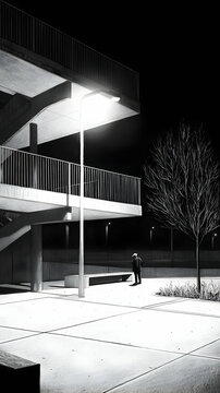 Fototapeta Solitary Figure at Night Near Modern Building