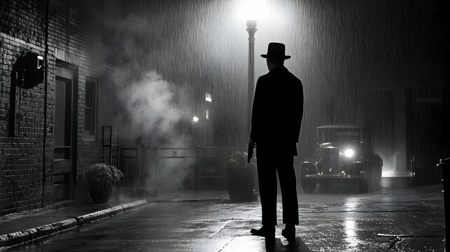 Fototapeta Solitary Figure in Rain at Night on City Street