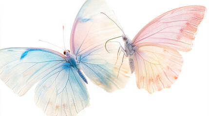 Fototapeta premium Soft focus pastel butterflies create magical and dreamy atmosphere, showcasing delicate wings in shades of blue and pink. Their ethereal beauty captivates viewer imagination