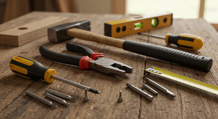 Tools arranged on wooden surface for DIY projects  