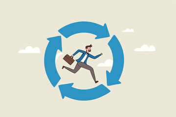 Working habit, life cycle or daily routine behavior, agile development, discipline or working efficiency, procedure or process to success concept, businessman running on habit circle arrow diagram.