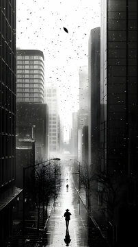 Fototapeta Solitary Figure Walking Through a Rainy City Street