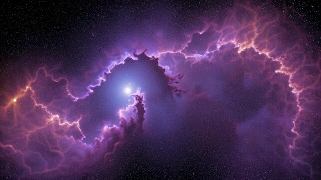 A cosmic video scene captures a vibrant nebula with swirling purple clouds. The wide-angle view emphasizes the vastness of space and celestial beauty. Live desktop wallpaper.