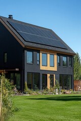 Modern black house with solar panels and large windows surrounded by green grass and landscaping under a clear blue sky in a sunny setting