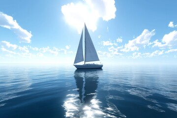 White sailboat sailing peacefully across a calm ocean under a bright sun, with clear blue sky and some clouds