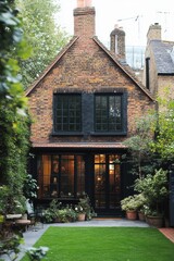 This stunning brick house, surrounded by a lush garden and vibrant greenery, stands gracefully in a tranquil neighborhood, bathed in the warm glow of late afternoon light