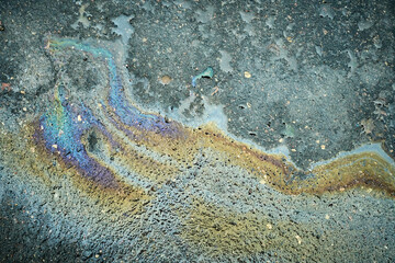 Colorful Patterns Formed by Oil Slick on a Wet Pavement After Rain in an Urban Environment