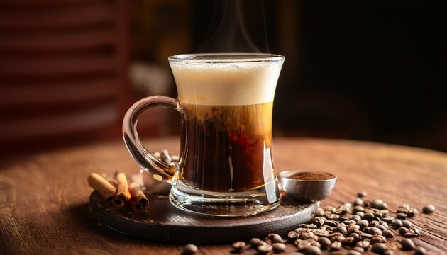 irish coffee hot coffee mixed with irish whiskey suga served aesthetically in a wooden table