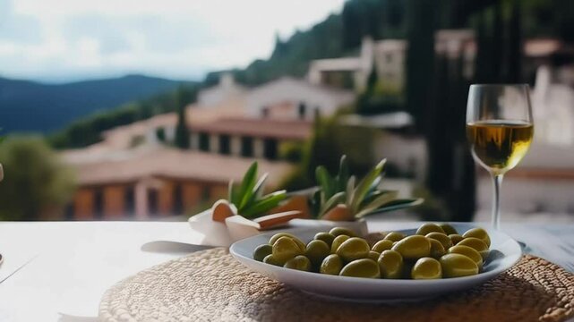 Ripe green olives and a glass of white wine on a wooden table with mountains in the background