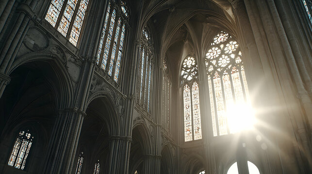Sunlit Gothic Cathedral Interior with Stained Glass Windows