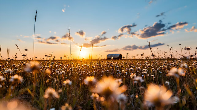 Sunset Over a Field of Wildflowers with a Barn in the Distance