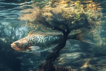 Surreal portrait of a fish morphing into a tree blending natural and aquatic themes in an imaginative artistic setting