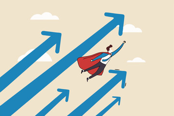 Growth or growing business forward to success, effort to drive growth or career success, economic or work performance rising up, improvement concept, businessman superhero flying with rising arrow.