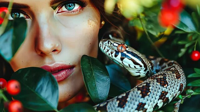 woman hugging snake portrait. Selective focus. animal.