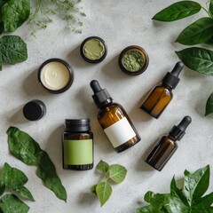 Natural skincare products arranged on a light background with green leaves